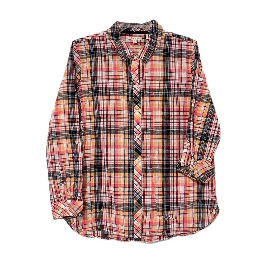 Barbour Seaglow Shirt Cotton Linen Plaid Roll Tab Sleeve Relaxed Womens US 10